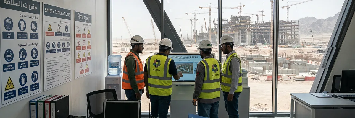 لوحة سلامة في موقع بناء مع تعليمات متعددة اللغات