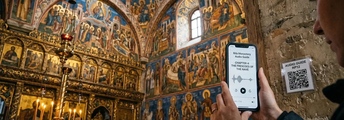 Tourists listening to audio guide at Rila Monastery UNESCO site