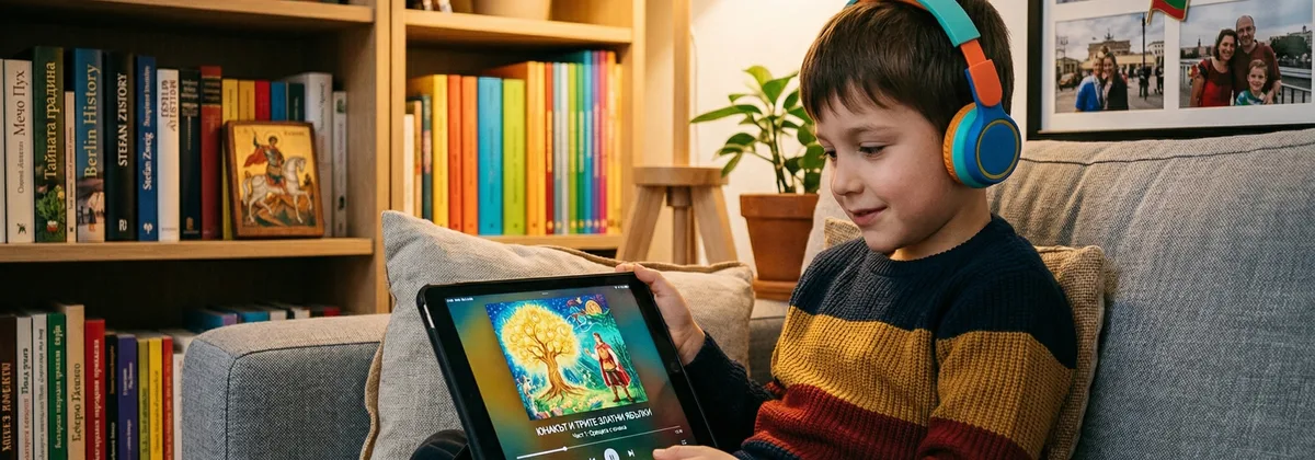Children in Bulgarian school abroad listening to audio lesson with headphones