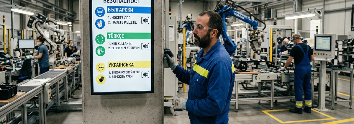 Safety panel with multilingual instructions in automotive factory