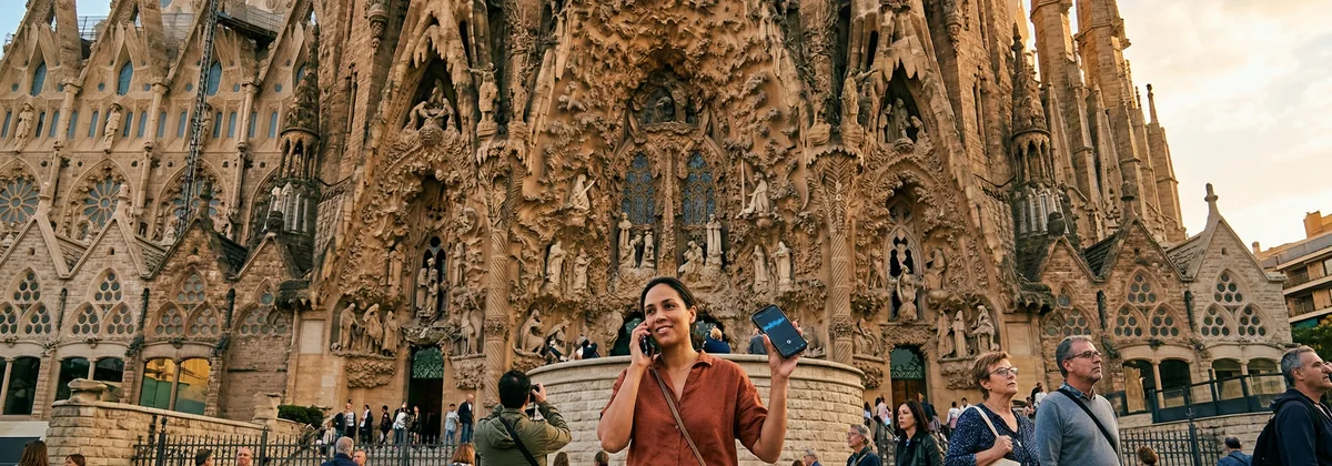Visitant escoltant audioguia davant la Sagrada Família
