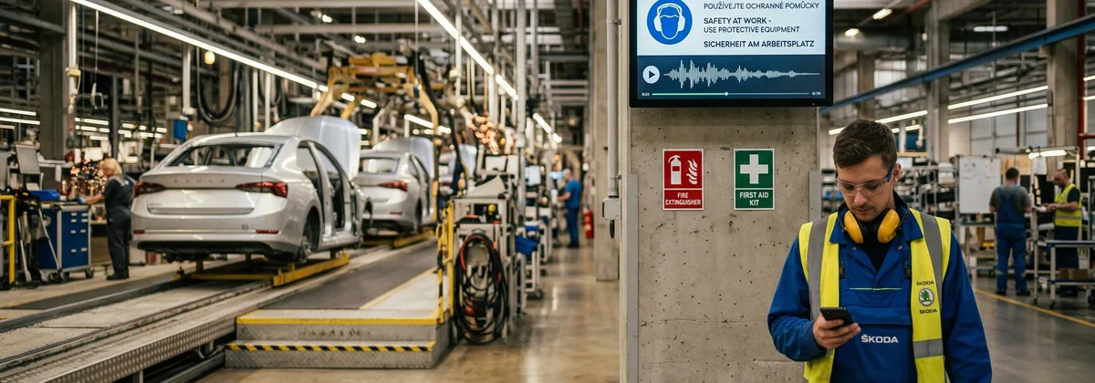 Bezpečnostní tabule na montážní lince ve výrobní hale