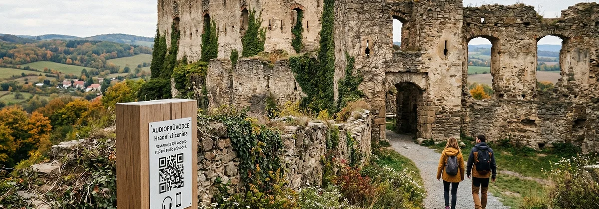 Turisté s audioprůvodcem na nádvoří hradu