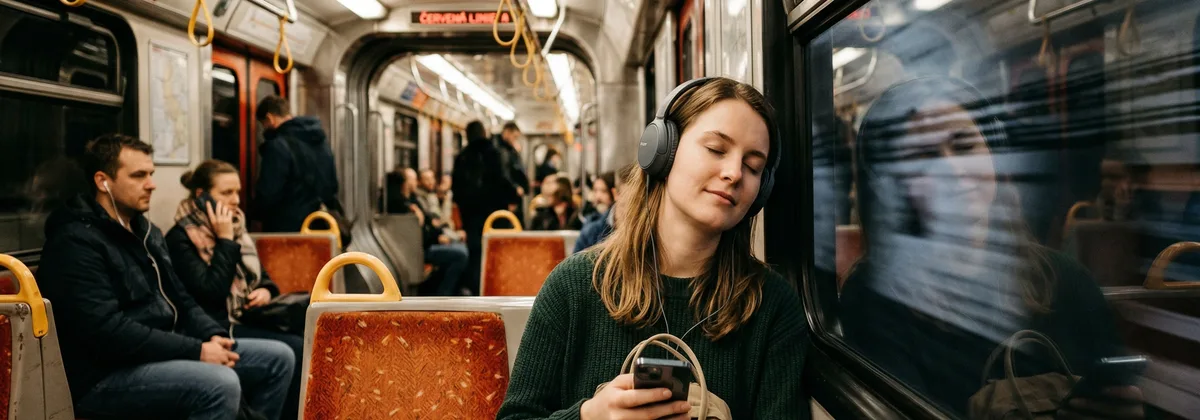 Sluchátka a otevřená kniha na stolku