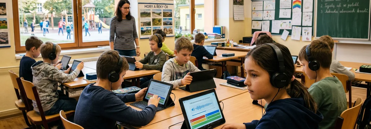 Žáci ve třídě se sluchátky u počítačů