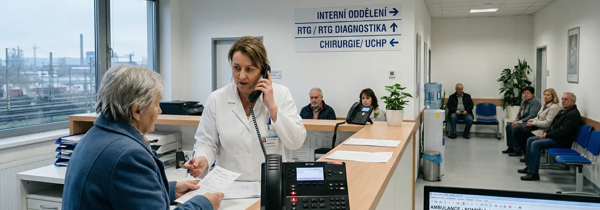 Recepce fakultní nemocnice s telefonem a informačním panelem