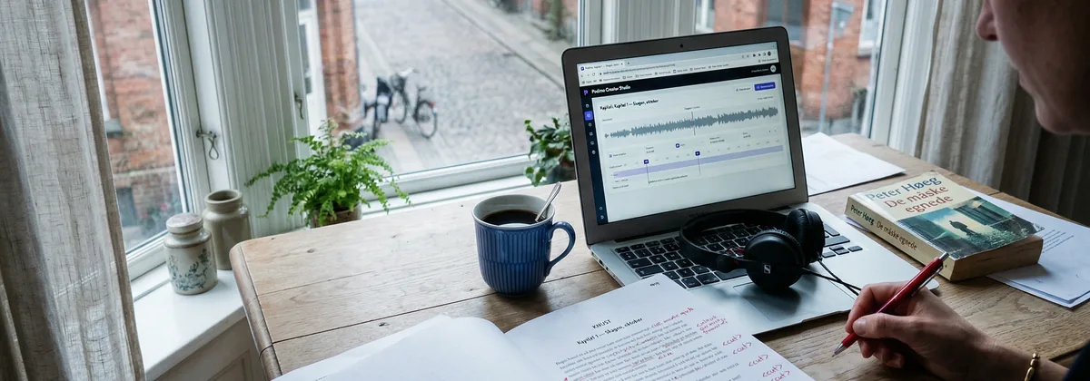 Selvudgivende forfatter arbejder med et manuskript på en bærbar computer i et Aarhus-hjem