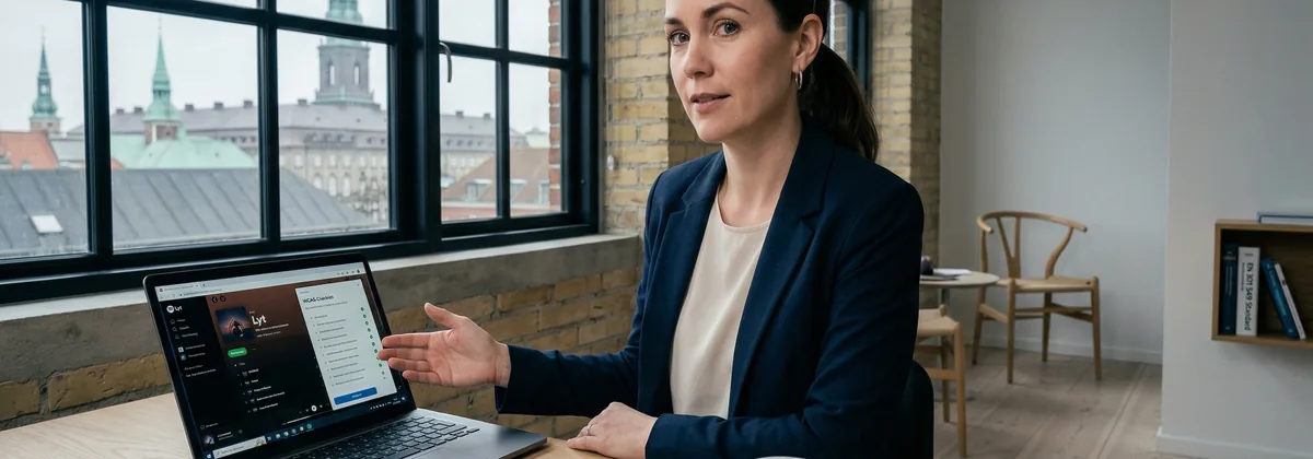 E-handels-team i en dansk webshop gennemgår en "Lyt"-knap på en produktside i et åbent kontor i København