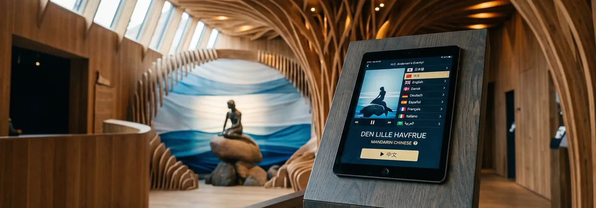 Museumskurator lytter til et flersproget lydguide-spor på en tablet i et moderne dansk museum