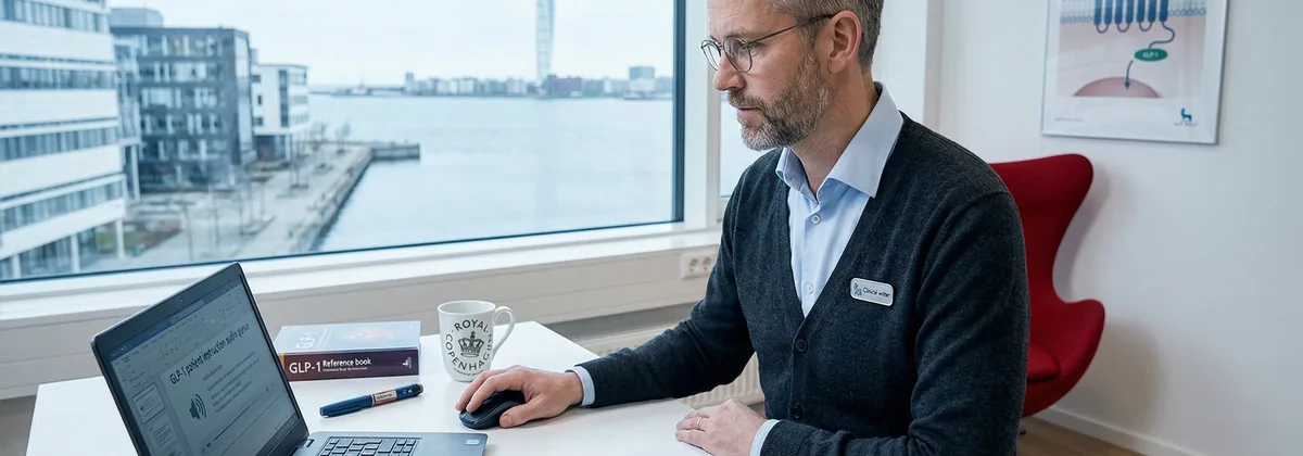 Medicinsk tekstforfatter arbejder med en flersproget patientinstruktion på en tablet i et lyst klinisk kontor