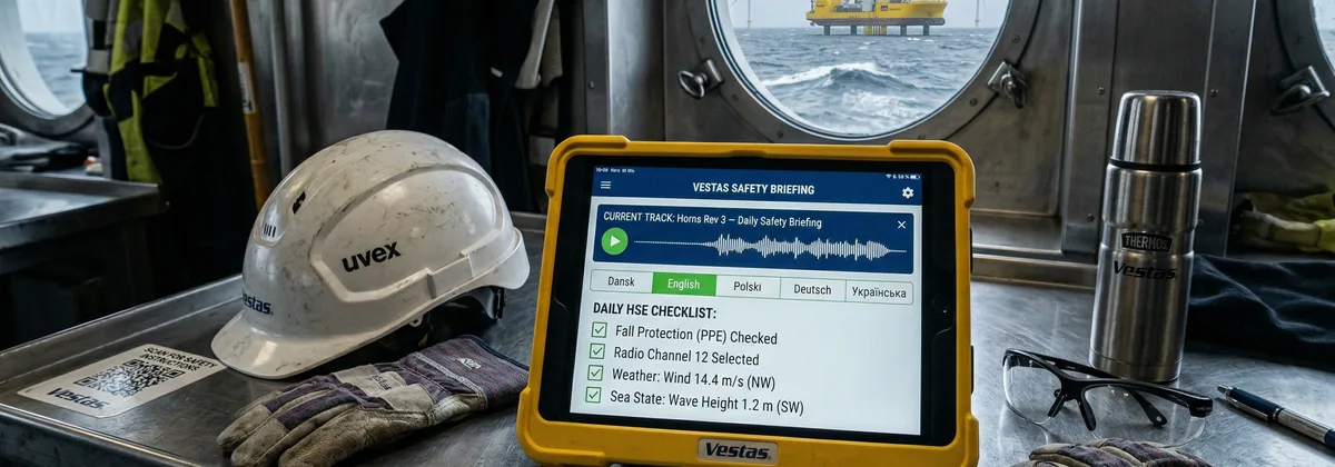 Safety instructor gennemgår en flersproget sikkerhedsbriefing på en tablet i en industriel hal med offshore-udstyr på Jyllands vestkyst