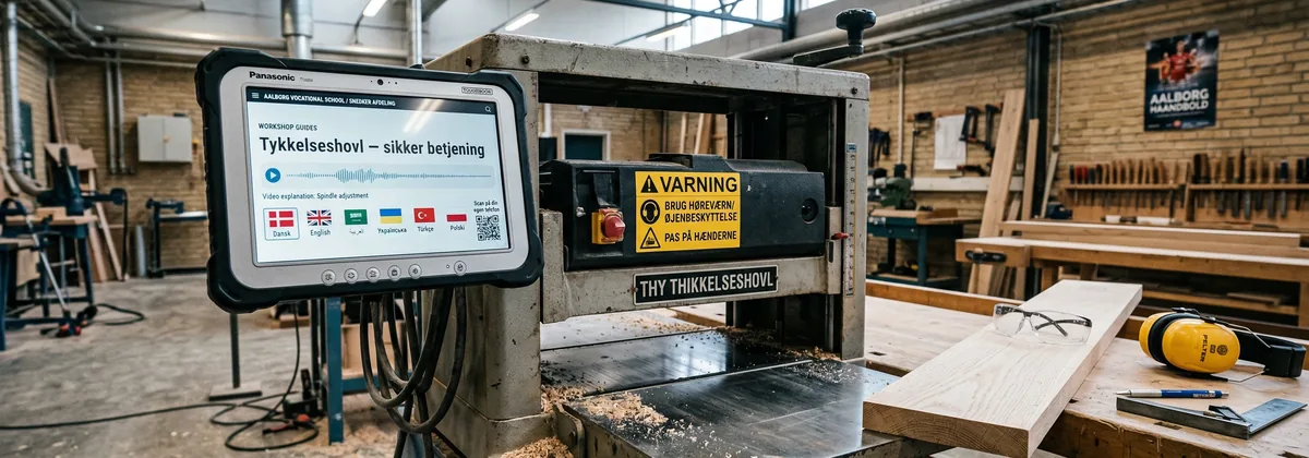 Instruktør på en dansk erhvervsskole gennemgår flersproget sikkerhedsinstruktion på en tablet sammen med en lærling i et tømrer-værksted