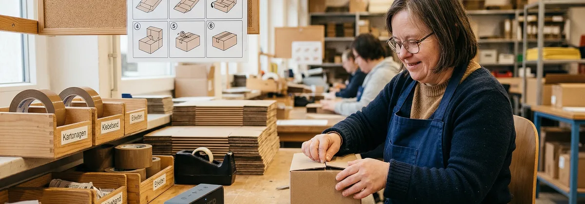 Werkstattmitarbeiter mit Kopfhörern folgt Audioschritt-für-Schritt-Anleitung