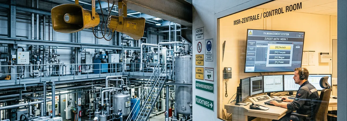 Fabrikhalle mit Lautsprechern für PA-Durchsagen — einheitlicher Standard an jedem Standort