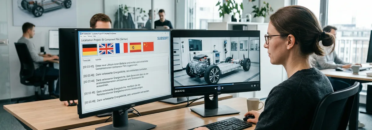 Ingenieur prüft synchronisierten SRT-Voiceover auf mehreren Bildschirmen