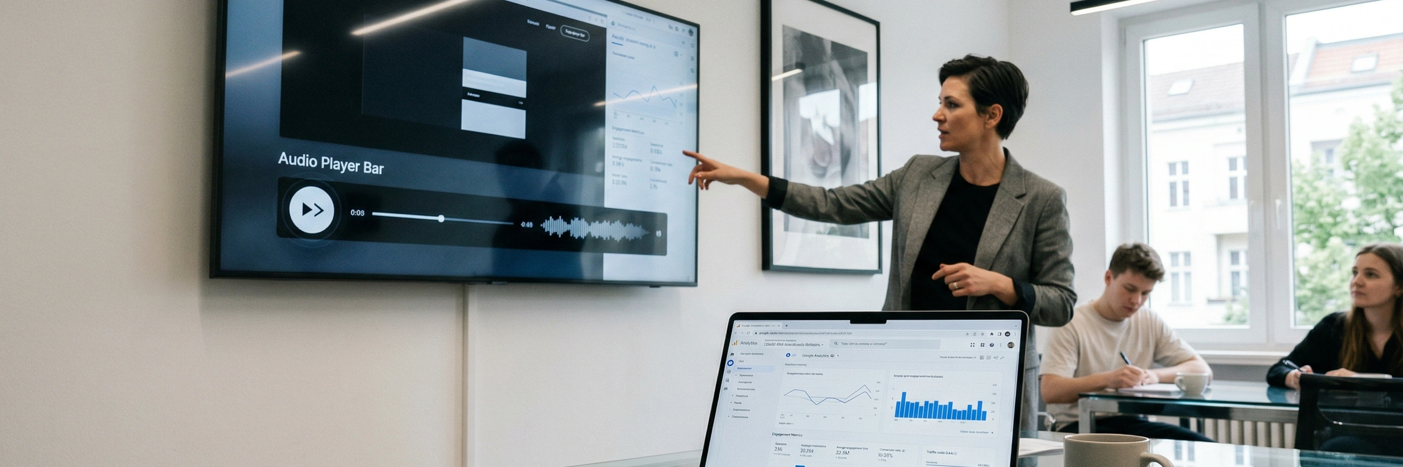 Agentur-Arbeitsplatz mit Kunden-Website und Audioversion auf dem Bildschirm