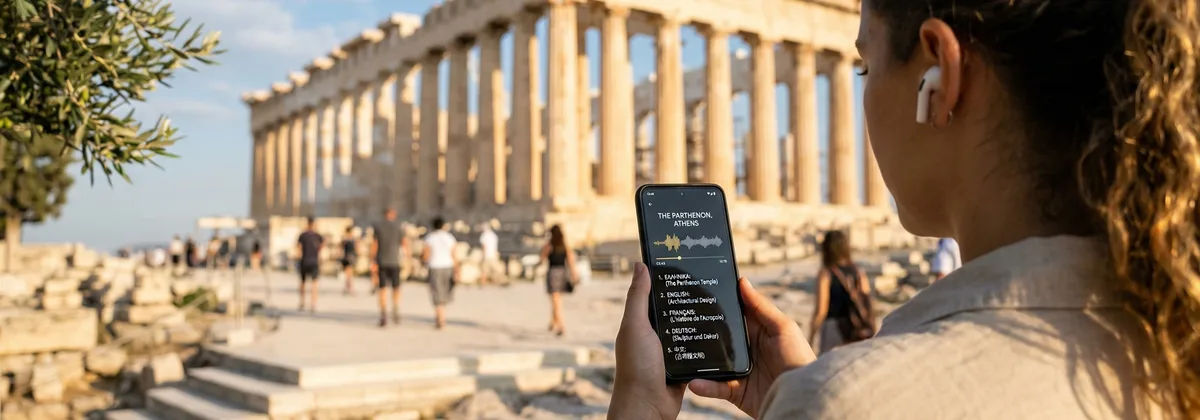 Τουρίστας ακούει audio guide σε αρχαιολογικό χώρο στην Ελλάδα