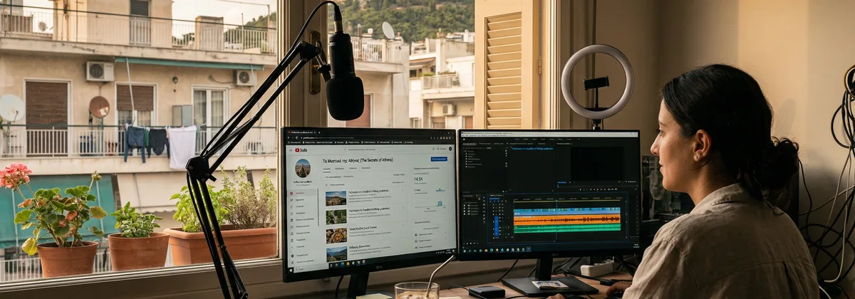 Content creator επεξεργάζεται βίντεο με AI voiceover