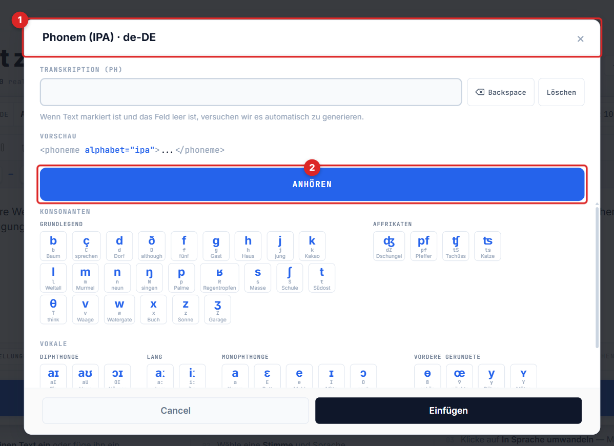 German IPA keyboard with native example words on each tile