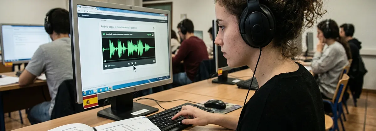 Estudiantes en el campus consumiendo audio educativo en sus tel&eacute;fonos