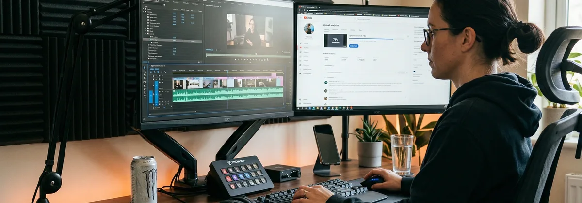 Creador de contenido editando v&iacute;deo con locuci&oacute;n IA en su escritorio
