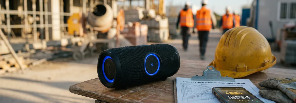 Altavoz PA en obra de construcción con trabajadores en cascos