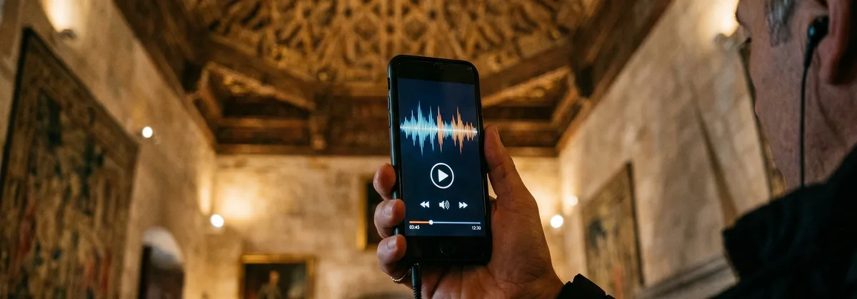 Visitante de museo escuchando audiogu&iacute;a en una sala con columnas