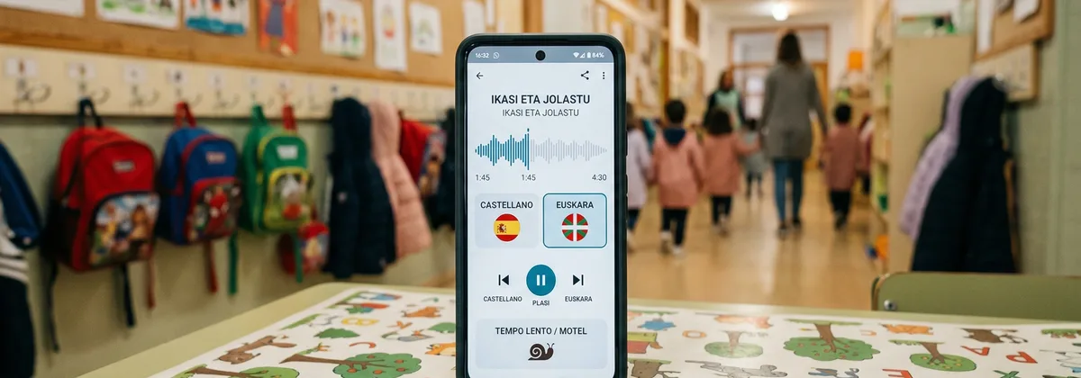 Tablet con audiolibro escolar y auriculares en pupitre