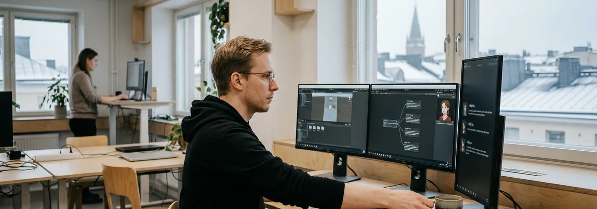 Pelikehittäjä editoimassa NPC-dialogeja monikielisessä projektissa