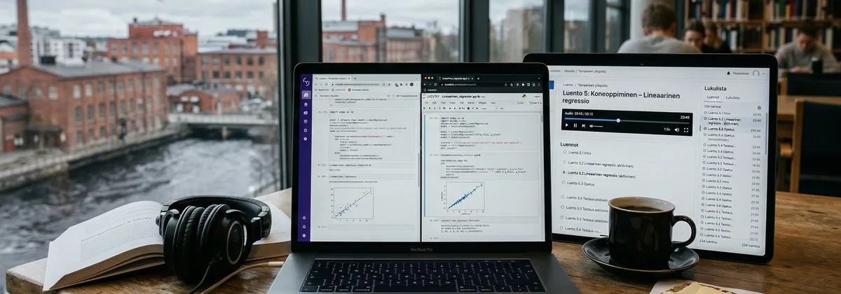 Opiskelijat kuuntelevat audiomuotoista oppimateriaalia kampuksella
