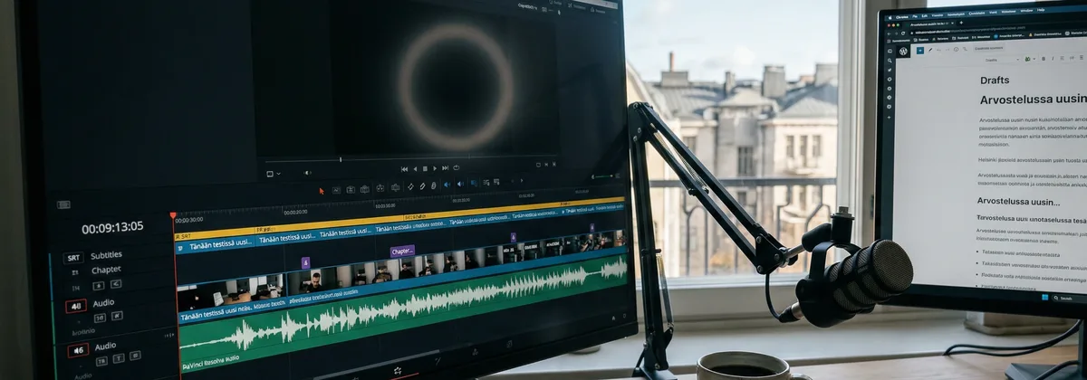 Sisällöntuottaja editoimassa podcast-introa kannettavalla