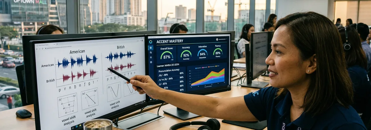 Philippine BPO training floor with US, UK and AU accent drills on screen