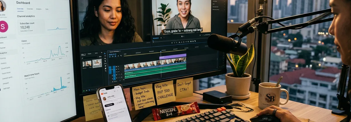 Filipino vlogger editing a Taglish YouTube video with AI voiceover in a Manila condo home studio