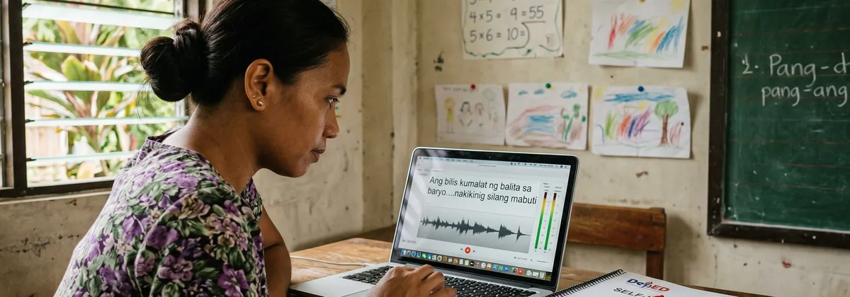 Filipino teacher in a public school building bilingual audio modules for Grade 1 learners