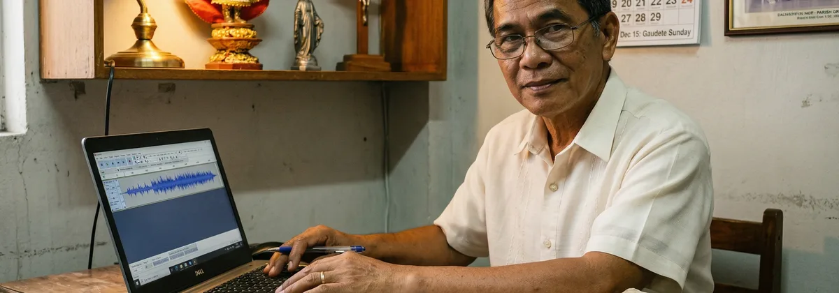Filipino parish media minister recording a Tagalog novena reflection for Facebook in a Cavite church office