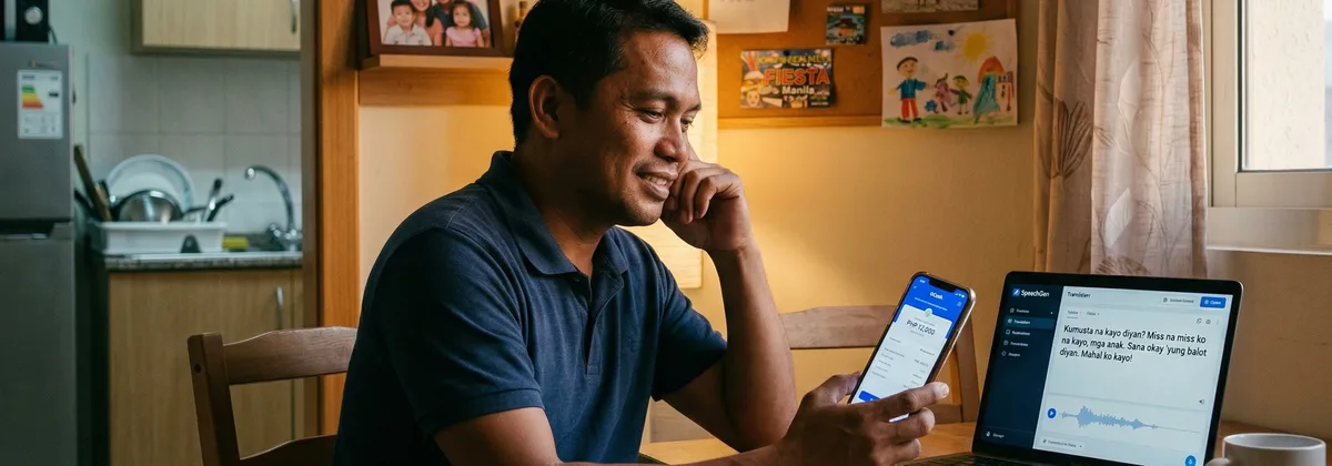 OFW recording Tagalog bedtime story on phone for kids back home with remittance app on screen