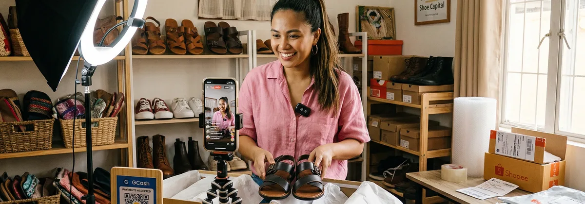 Filipino live-commerce seller running 24/7 auto-narration with AI voice on ring-light setup