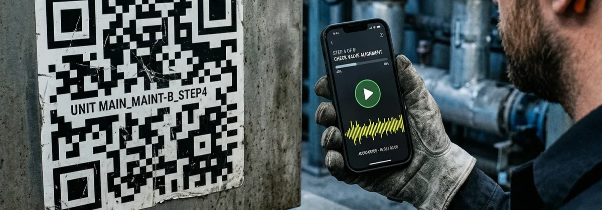 Technicien avec casque audio devant équipement industriel et QR code
