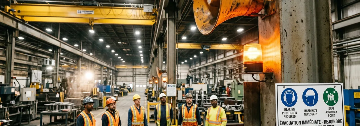 Hall de production aéronautique avec haut-parleur et consignes bilingues