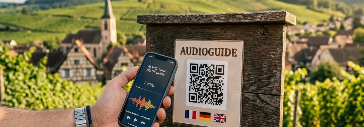 Église historique d'Alsace avec QR code pour audioguide trilingue