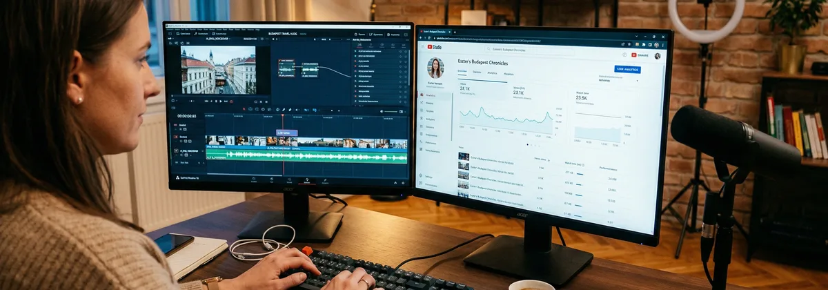 Magyar tartalomkészítő vágóprogram előtt, AI narrációval — mikrofon félretéve
