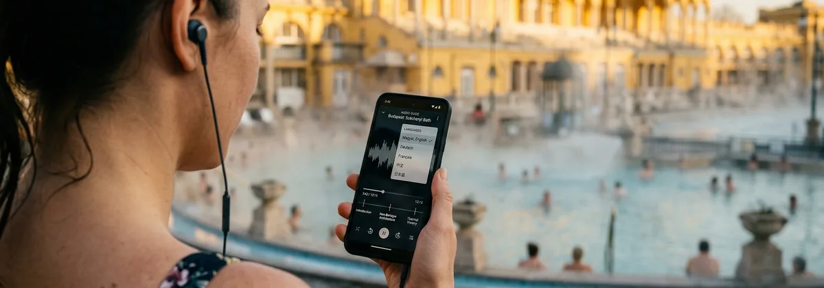 Turista telefonján audioguide lejátszóval a Széchenyi fürdőnél