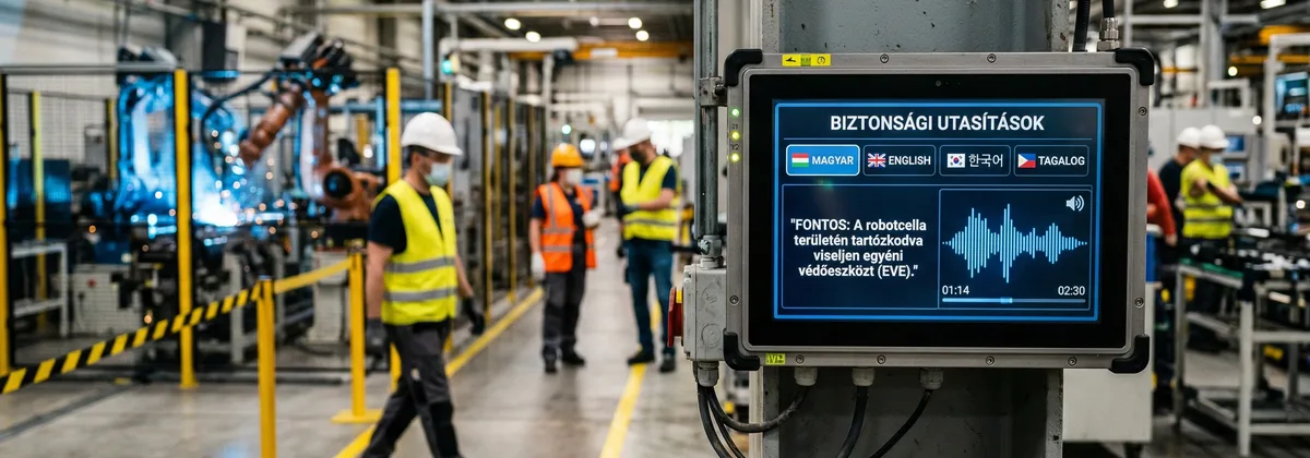 Gyári munkavédelmi kijelző többnyelvű hanginstrukcióval — Győr