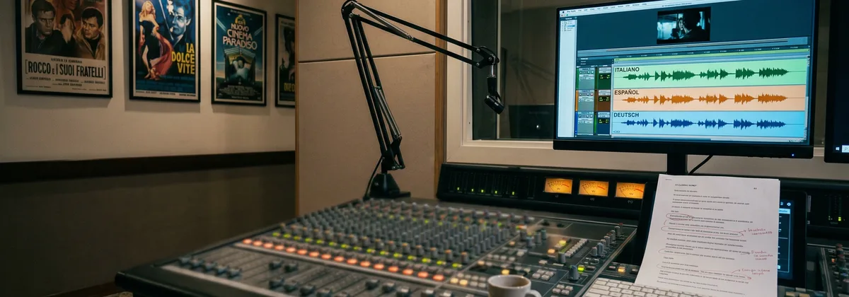 Studio di post-produzione con timeline di doppiaggio e interfaccia TTS su monitor
