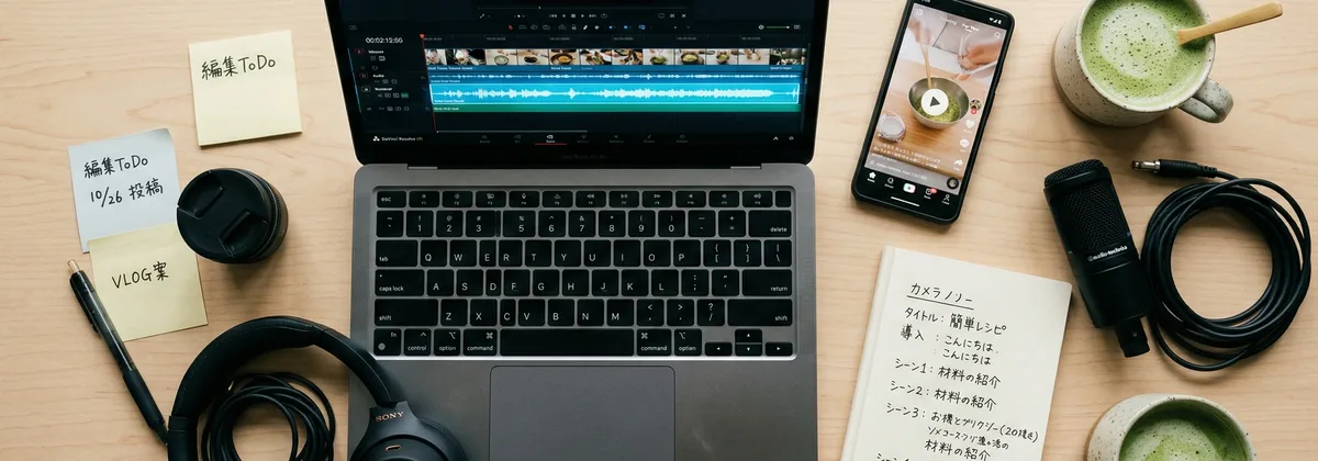 ゆっくり解説チャンネルの台本と音声波形が表示されたモニター