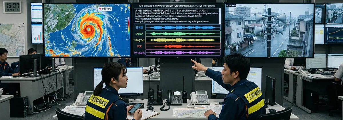 防災無線スピーカーと多言語緊急アナウンスの制作画面