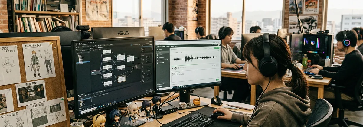 インディーゲームスタジオでキャラクターのセリフ読み上げを編集する開発者
