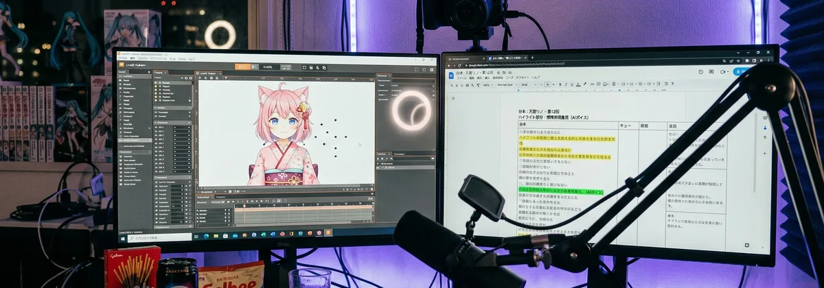 配信環境でVTuber用の台本をプレビューするクリエイター
