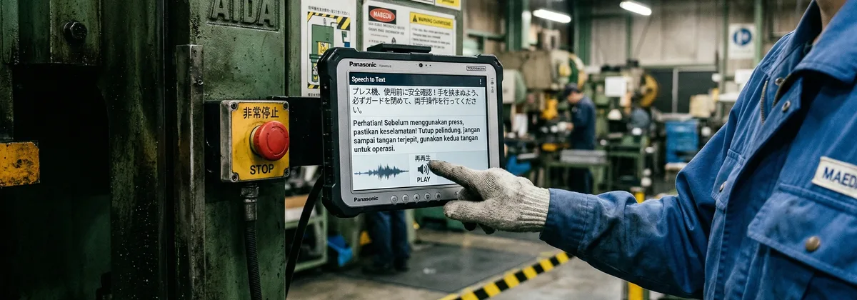 工場で多言語の安全教育音声を再生するタブレット