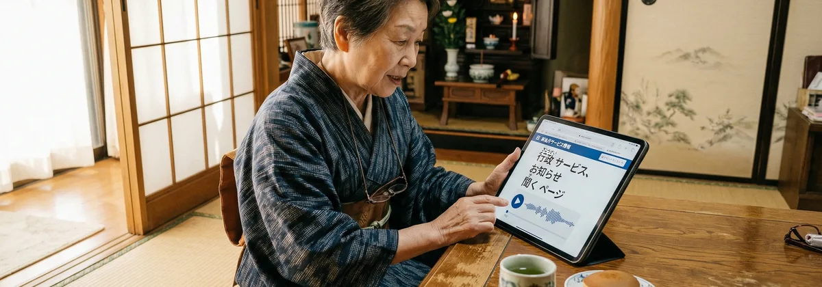 高齢者がタブレットで音声読み上げサービスを利用している様子